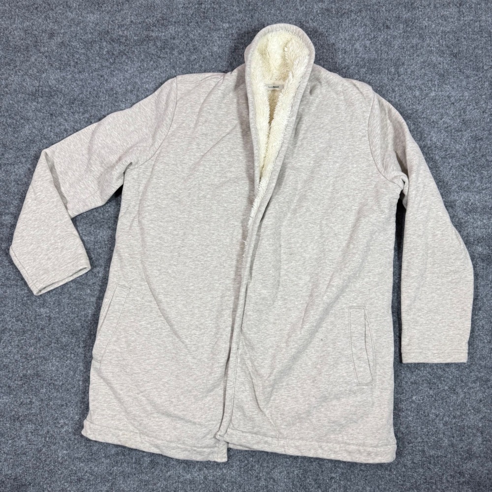 LL Bean Sherpa Lined Hooded Cardigan Jacket Womens M Oatmeal Cotton Blend EUC